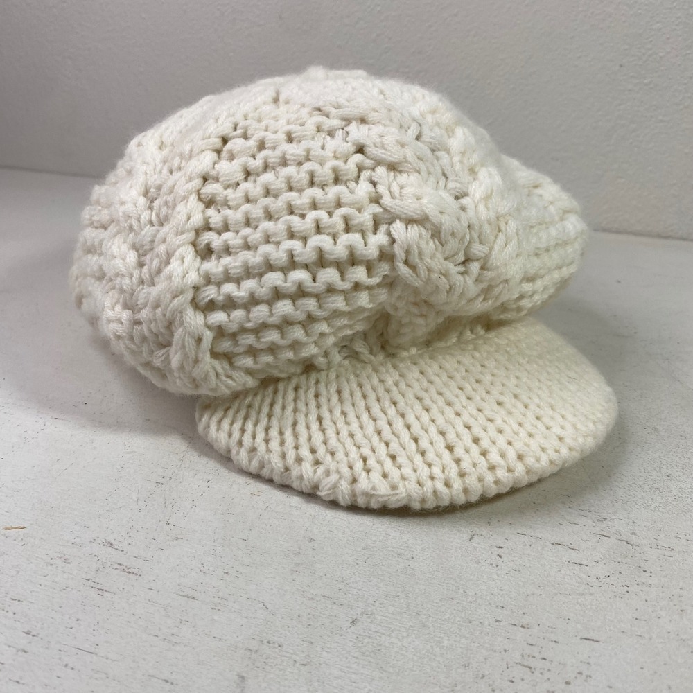 Cream Cable Knit Newsboy Hat Slouchy Visor Beanie Winter Beret Cap Off White